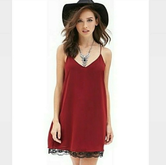 Forever 21 Dresses & Skirts - Temp- Strappy Burgundy Slip Dress Black Lace Trim